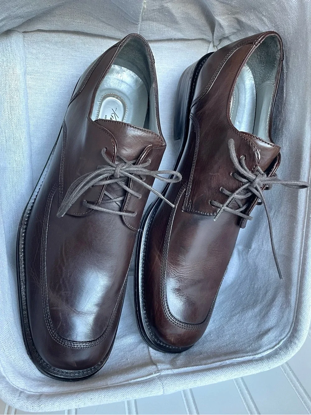Kenneth Cole New York Brown Leather Dress Shoe Derby Silver Tech Square Toe Sz10